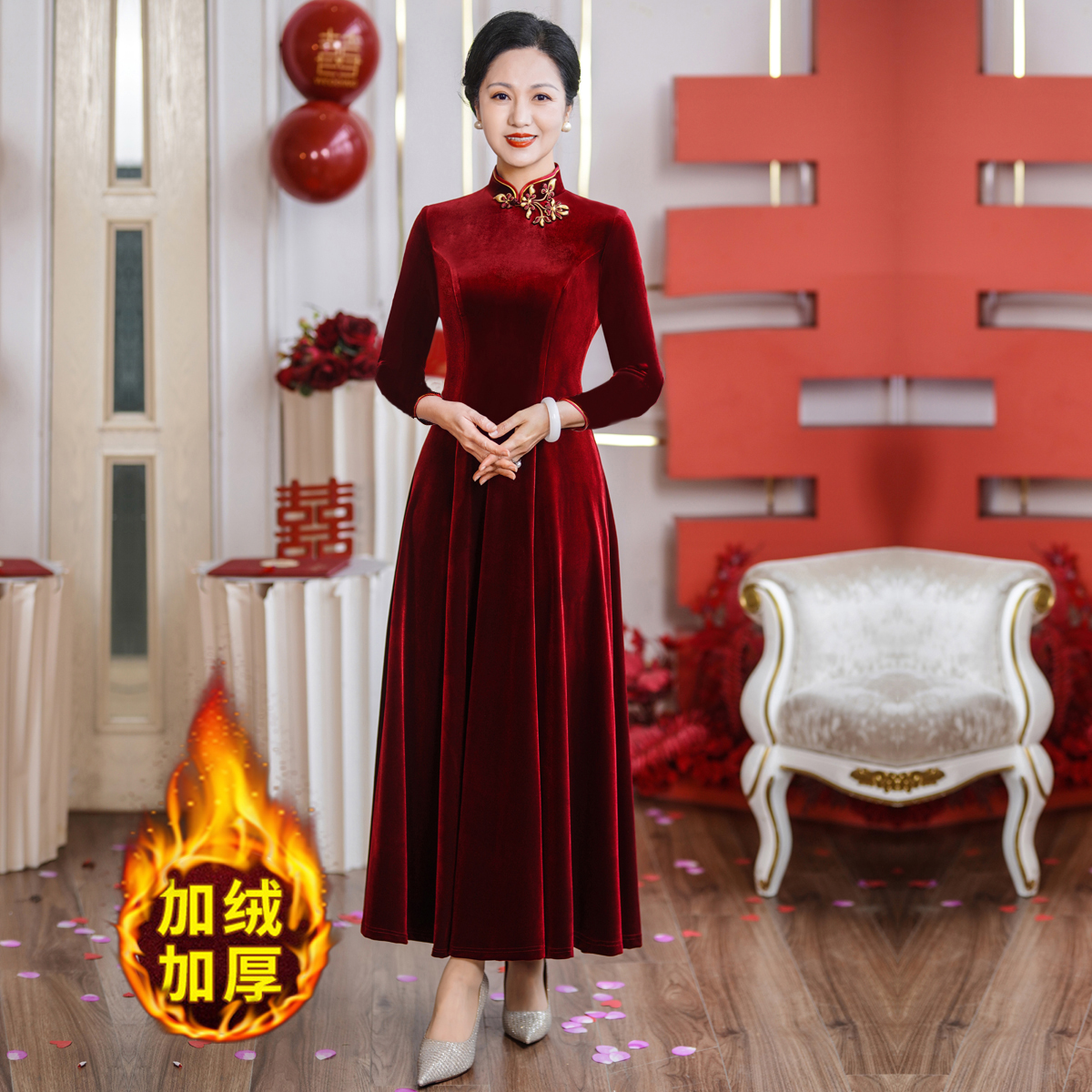 秋冬加绒加厚气质喜婆婆新中式婚礼丝绒旗袍大码妈妈婚宴敬酒礼服