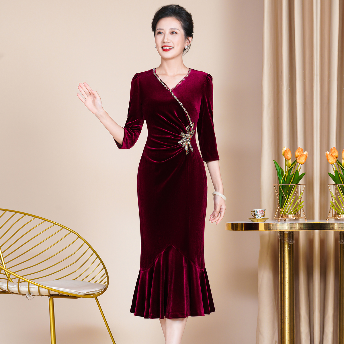 秋冬季高贵喜婆婆婚宴改良珠绣旗袍大码修身喜妈妈小个子敬酒礼服