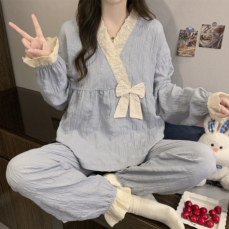 V领睡衣女春秋季长袖梭织棉2025新款甜美公主风冬学生家居服套装