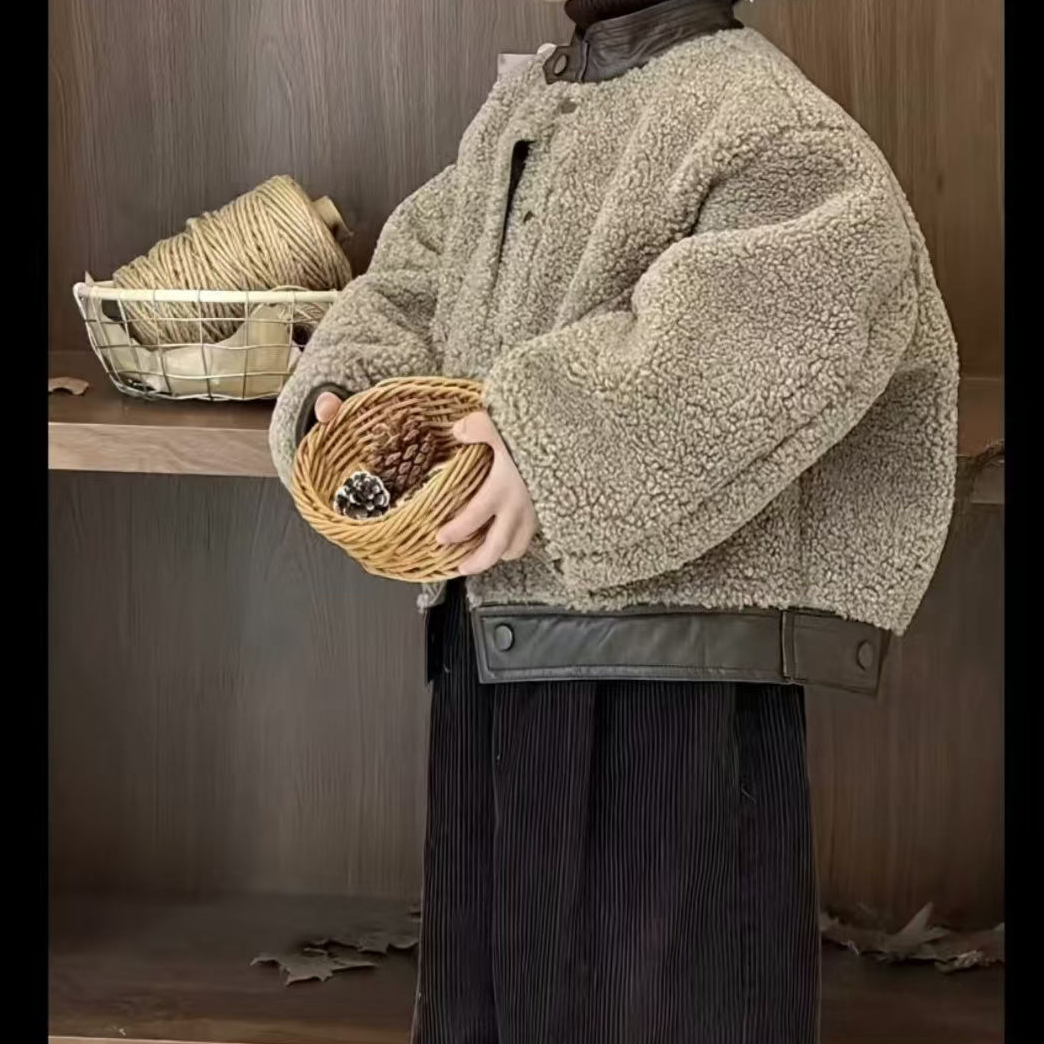 MNE300男童冬季毛毛衣棉服套装2025新款加绒薄绒拼接外套加绒裤子