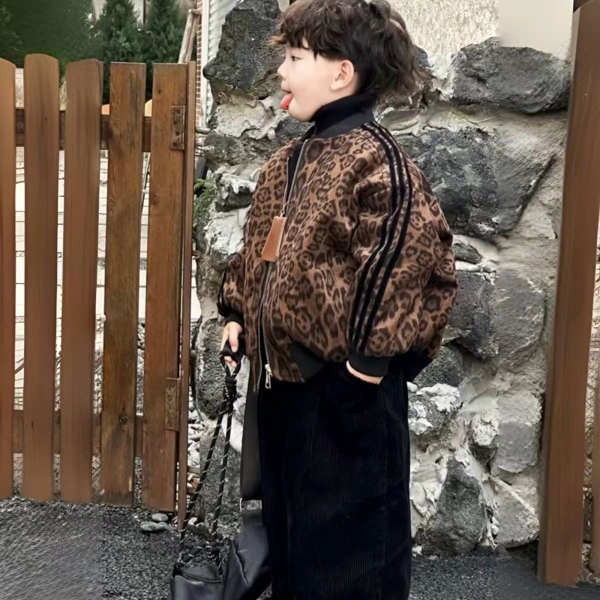 男童秋冬2024新款复古儿童豹纹棒球套装男女童韩版潮痞帅棉服保暖