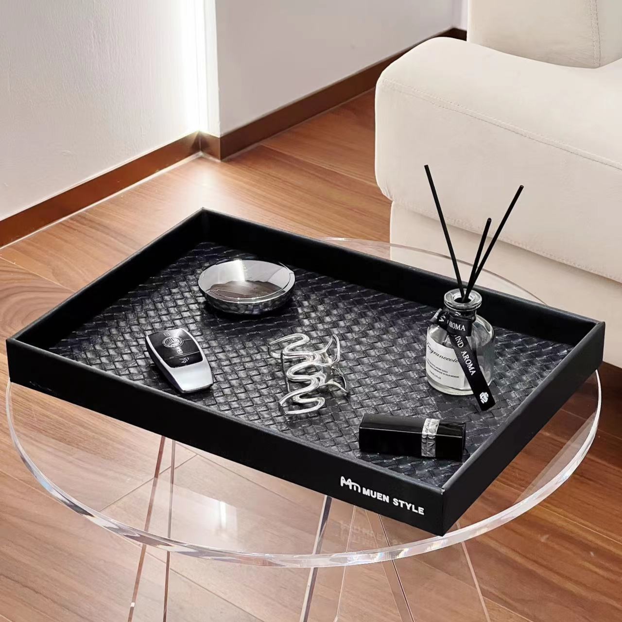 满氛黑色编织托盘家用皮革客厅茶水盘ins风水果盘杯子茶具收纳盘