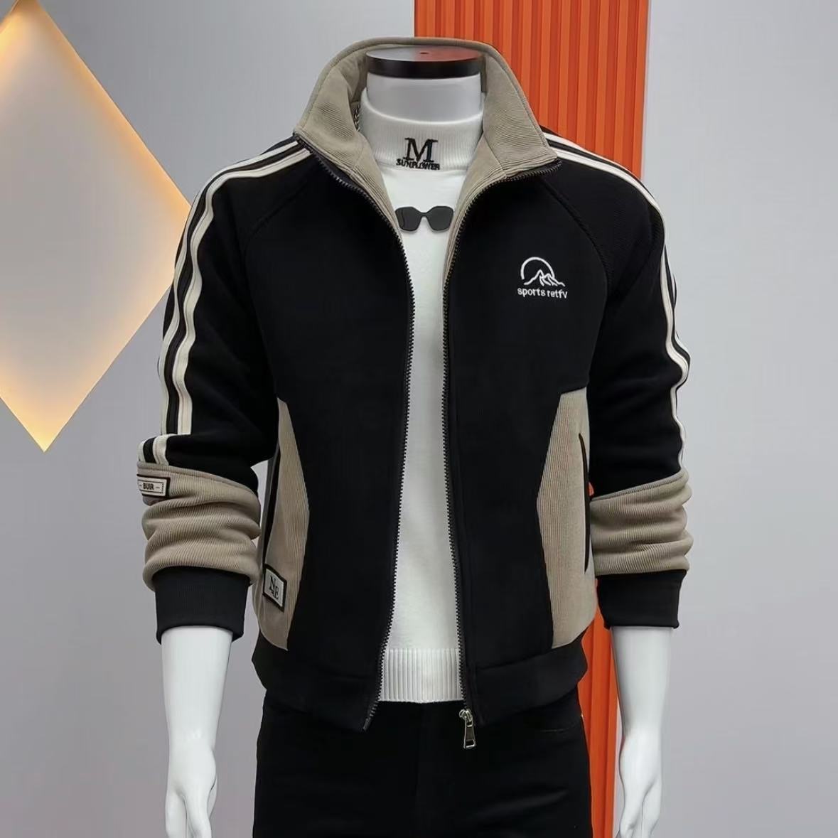 时尚潮流冬季保暖加绒夹克外套韩版休闲拼色字母刺绣男士立领上衣