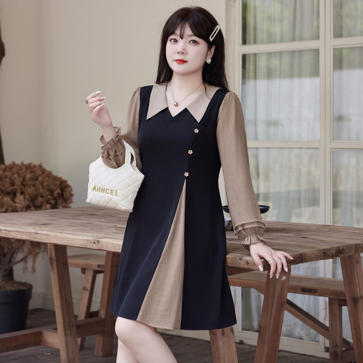 胖mm大码高档连衣裙春季新款洋气收腰显瘦遮肚连衣裙胖妹妹a字裙