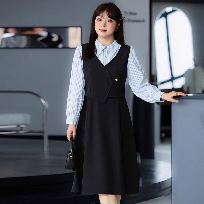 大码女装秋季新款气质娃娃领收腰A字裙长袖显瘦胖mm垂坠感连衣裙