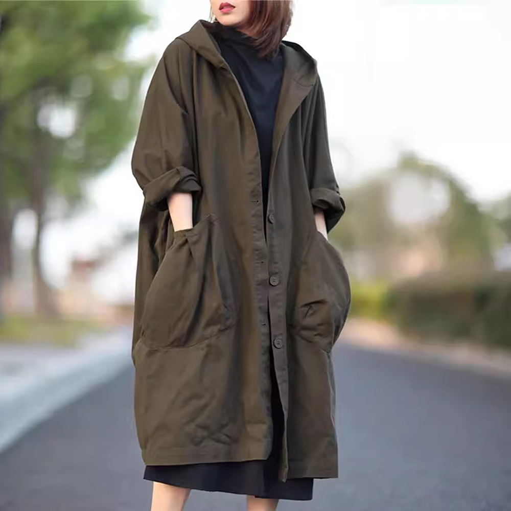 【返潮复古】连帽风衣女春秋冬款复古宽松时尚过膝开衫纯棉外套上衣