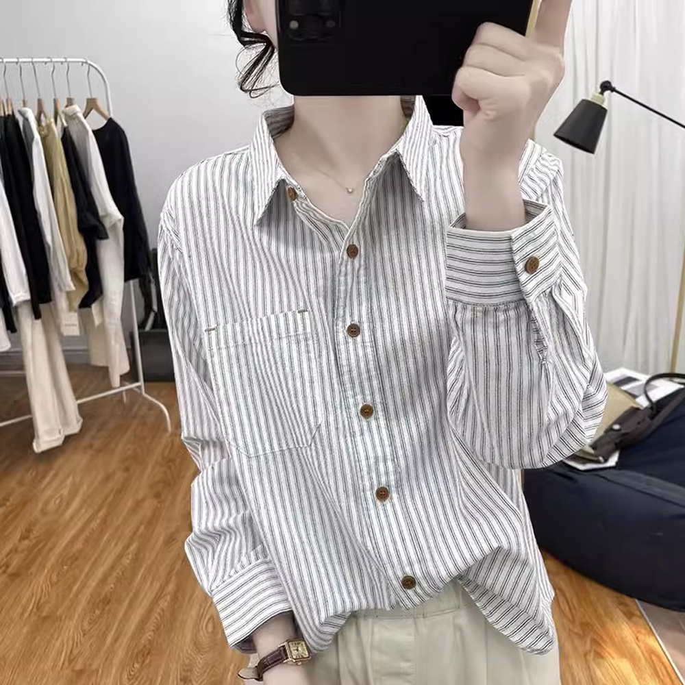 复古条纹衬衫女秋装慵懒风韩版设计感小众宽松长袖短款纯棉衬衣潮