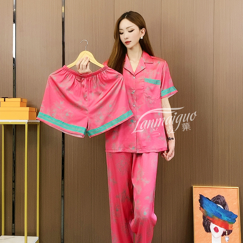 兰麦菓【三件套】夏季冰丝睡衣女套装2025新款春秋薄款高级感家居服