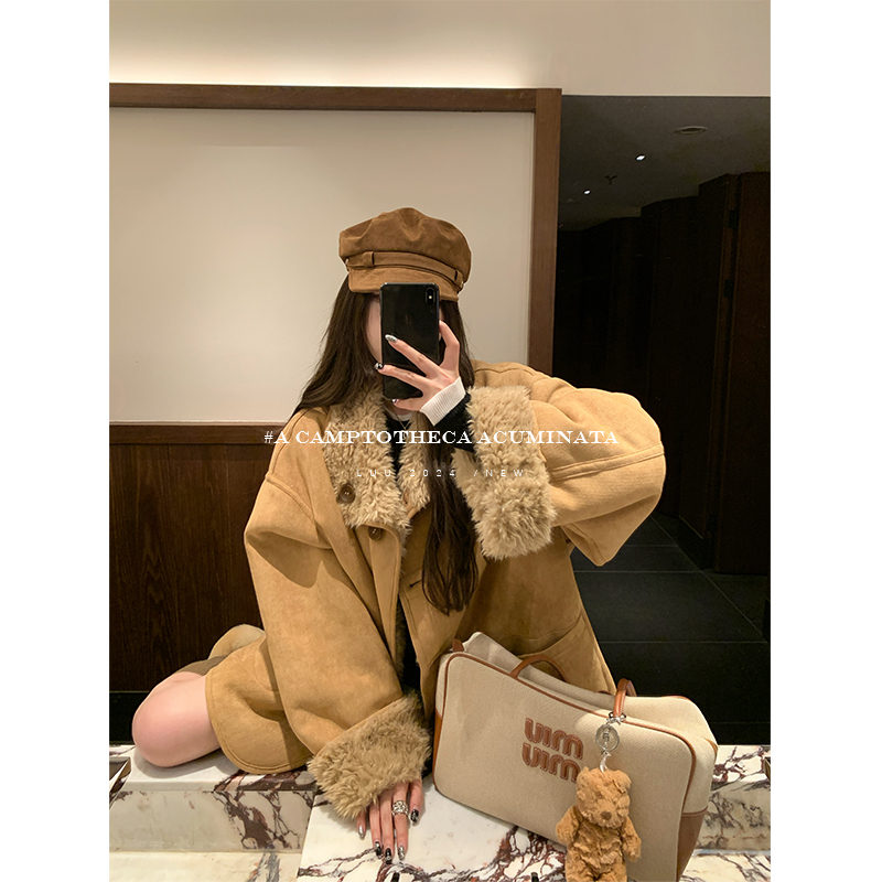 LUU桃喜儿/两穿皮毛一体羊羔毛机车服秋冬宽松加厚麂皮毛毛外套女