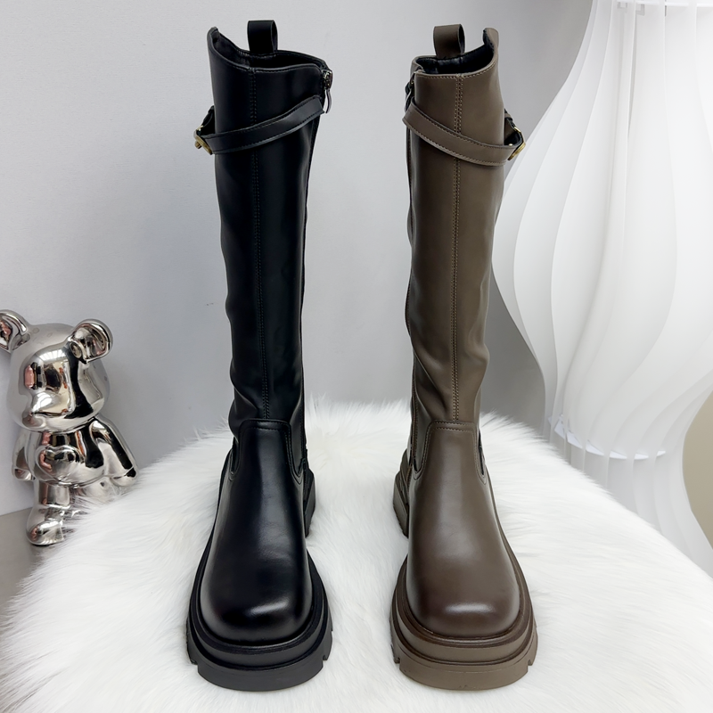 胖妹妹加肥加宽厚底高筒靴女英伦风侧拉链加绒骑士靴女弹力长靴冬