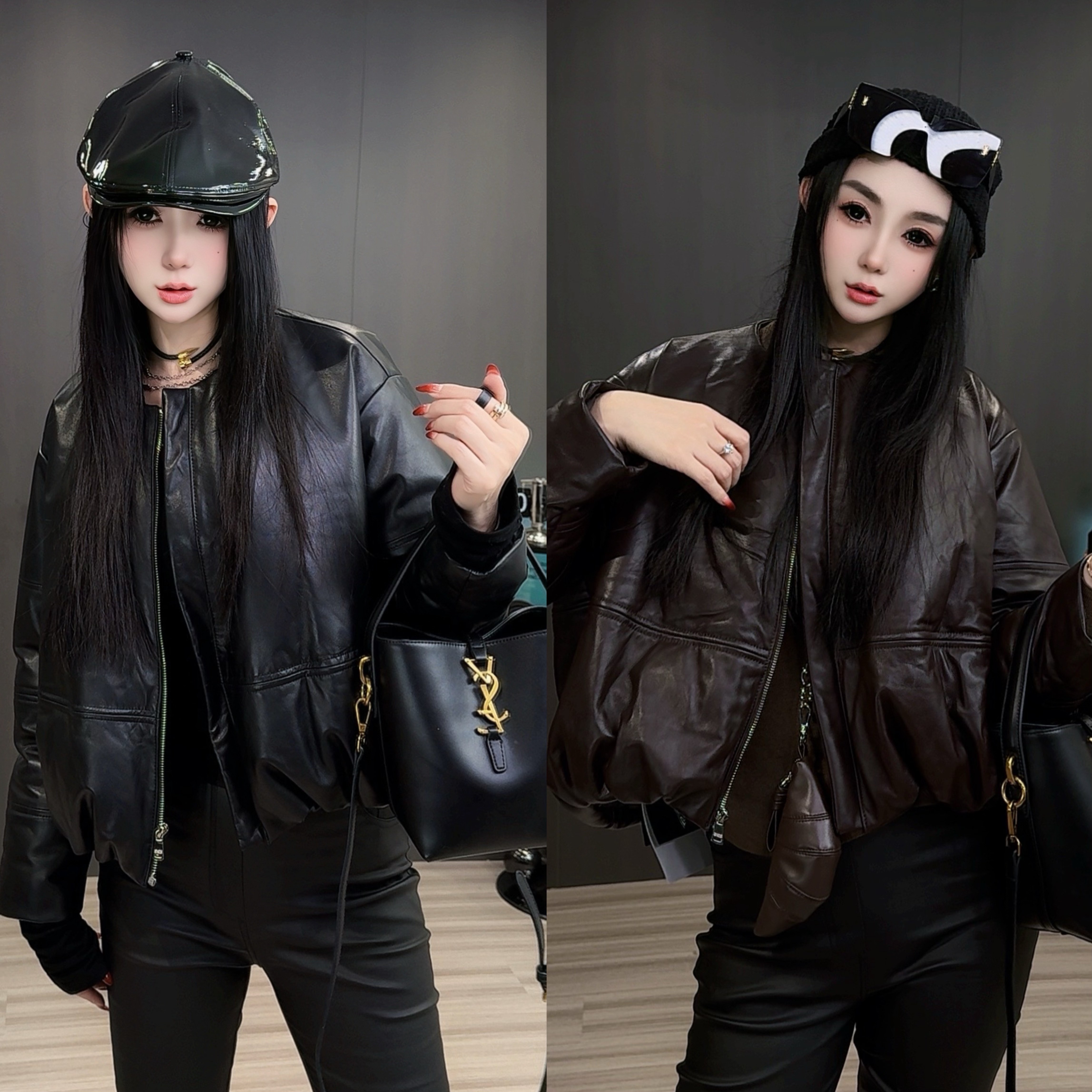 【现货】圆领拉链开衫绵羊皮皮衣长袖皮羽绒服女2025春冬新款女装