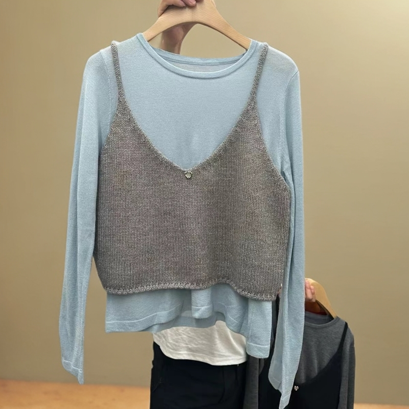 圆领纯色打底小衫背心马甲叠穿两件套2024秋新针织背心套装女潮