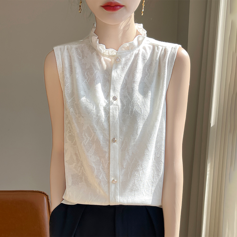 法式木耳花边无袖打底暗纹提花珍珠扣秋冬百搭内搭女花苞领K49