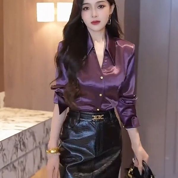 欧货醋酸缎面高级感气质长袖衬衫女2024秋季新款修身内搭打底衬衣
