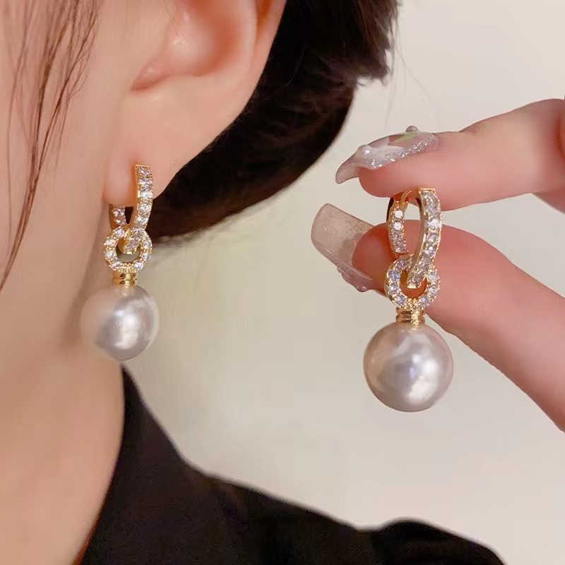 铜合金仿珍珠耳饰 时尚微镶锆石爱心扣两戴款珠珠耳饰735