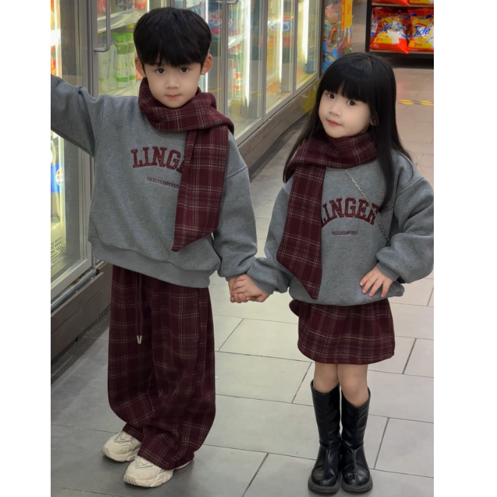 【送围巾】兄妹装冬季新款加绒套装一体绒卫衣格子裙休闲裤