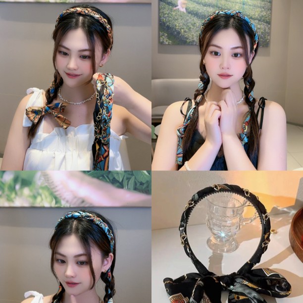 复古链条发箍缎面布艺发箍飘带绑发一体