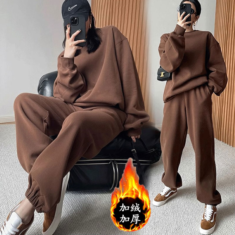 美式复古运动服卫衣套装女秋冬季加绒加厚宽松卫裤时尚休闲两件套
