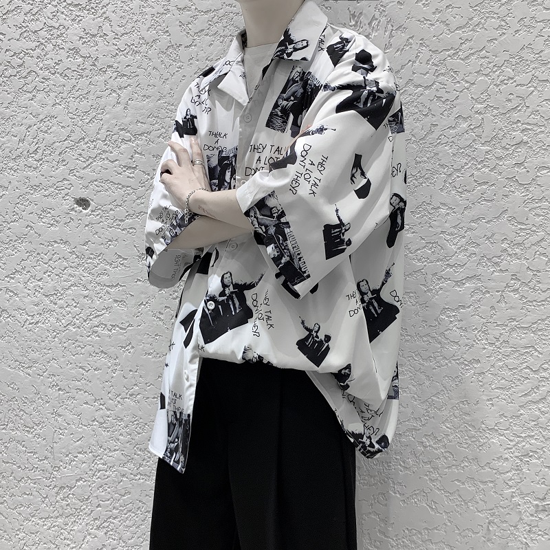 冰丝花衬衫男短袖夏季薄款高级感垂感痞帅百搭宽松五分袖衬衣外套