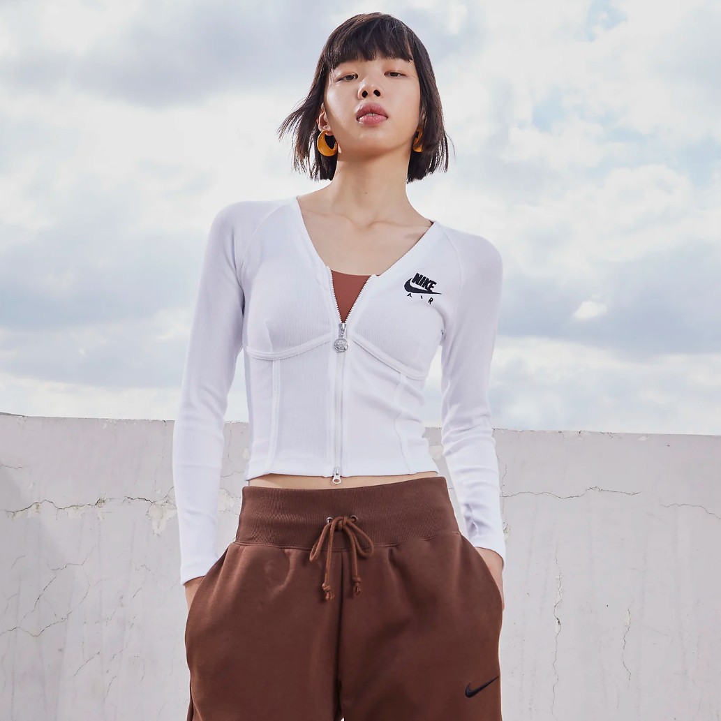 nike耐克女舒适短款休闲拉链紧身长袖T恤鱼骨上衣外套FD2377-100