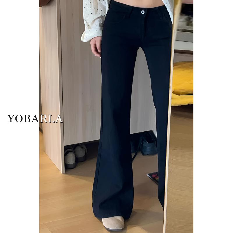 黑色高腰微喇牛仔裤女冬季加绒胖mm大码宽松梨形身材弹力马蹄裤子