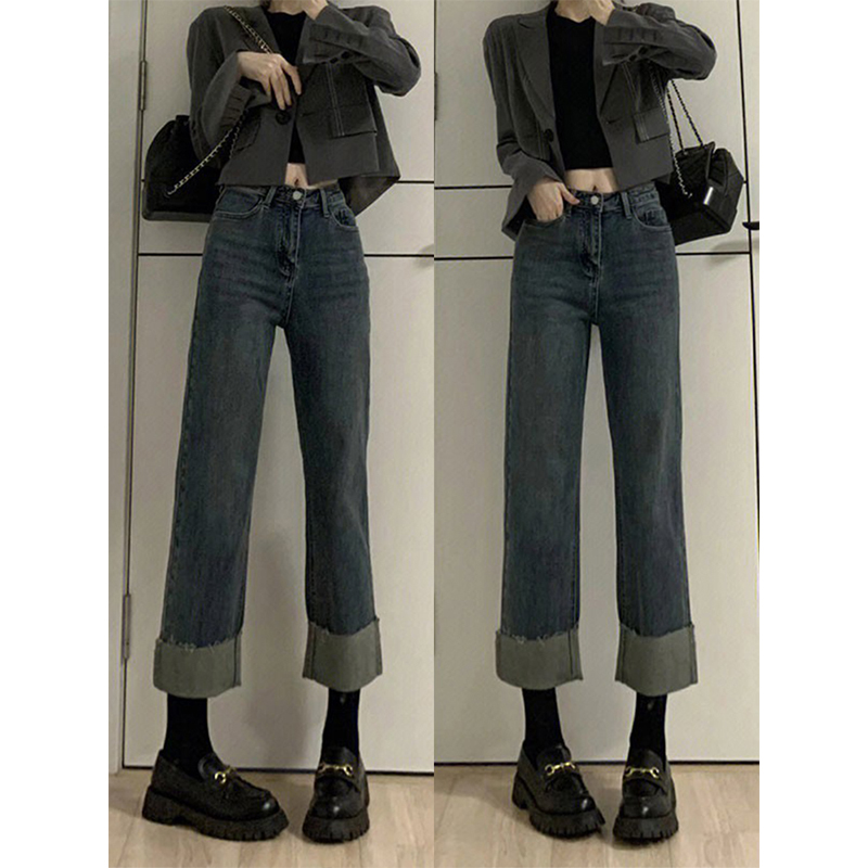 高腰直筒牛仔裤女冬季加绒胖mm大码百搭宽松小个子卷边九分烟管裤