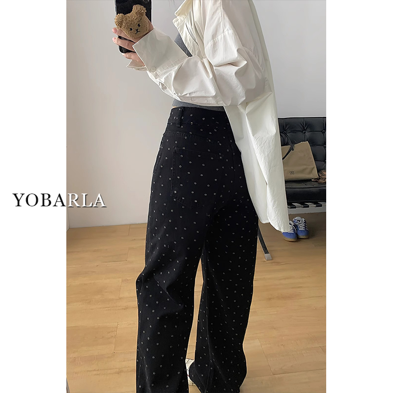 黑色波点休闲裤女秋冬新款高腰大码宽松遮肚显瘦梨形身材阔腿裤子