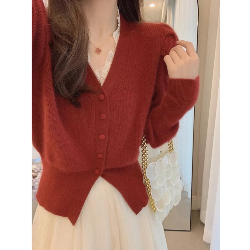 法式奶系温柔上衣打底针织开衫外套设计感小众短款毛衣女早秋冬