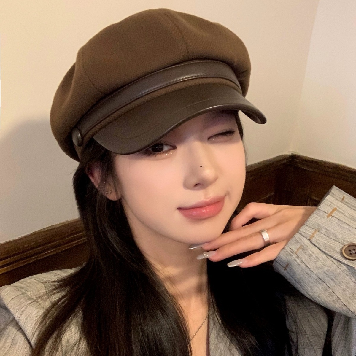 新款秋冬季时尚毛呢八角帽子女网红显脸小贝雷帽百搭鸭舌画家帽女