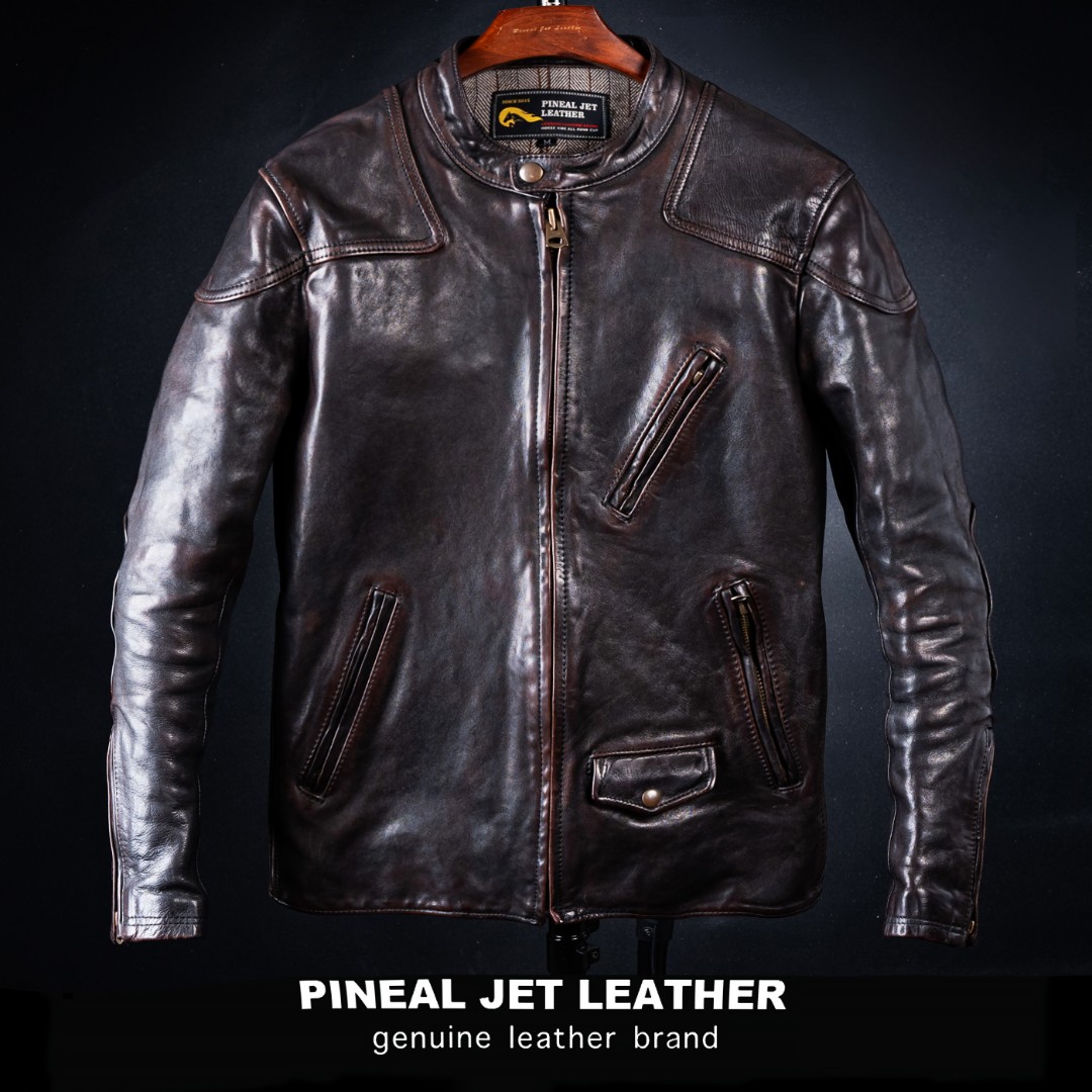 PJL新款阿美咔叽复古机车男士重水洗复古做旧茶芯马皮毒液皮衣