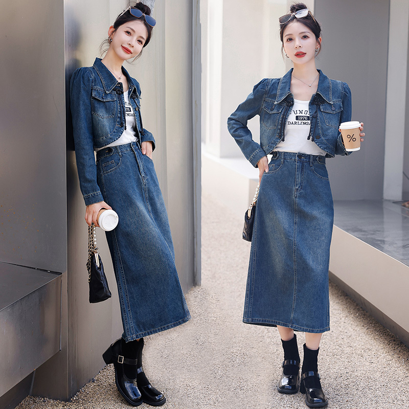 高档女士秋季爆款韩版气质时尚牛仔复古上衣外套半身裙两件套装