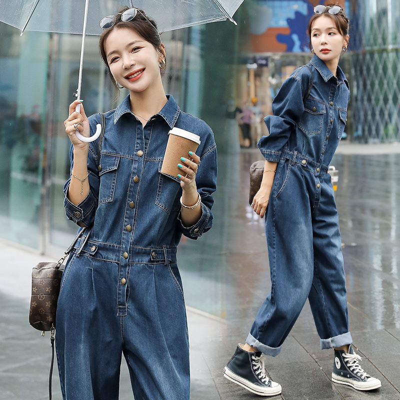 2025秋装新款宽松时尚休闲长袖牛仔连体裤韩版洋气减龄工装裤