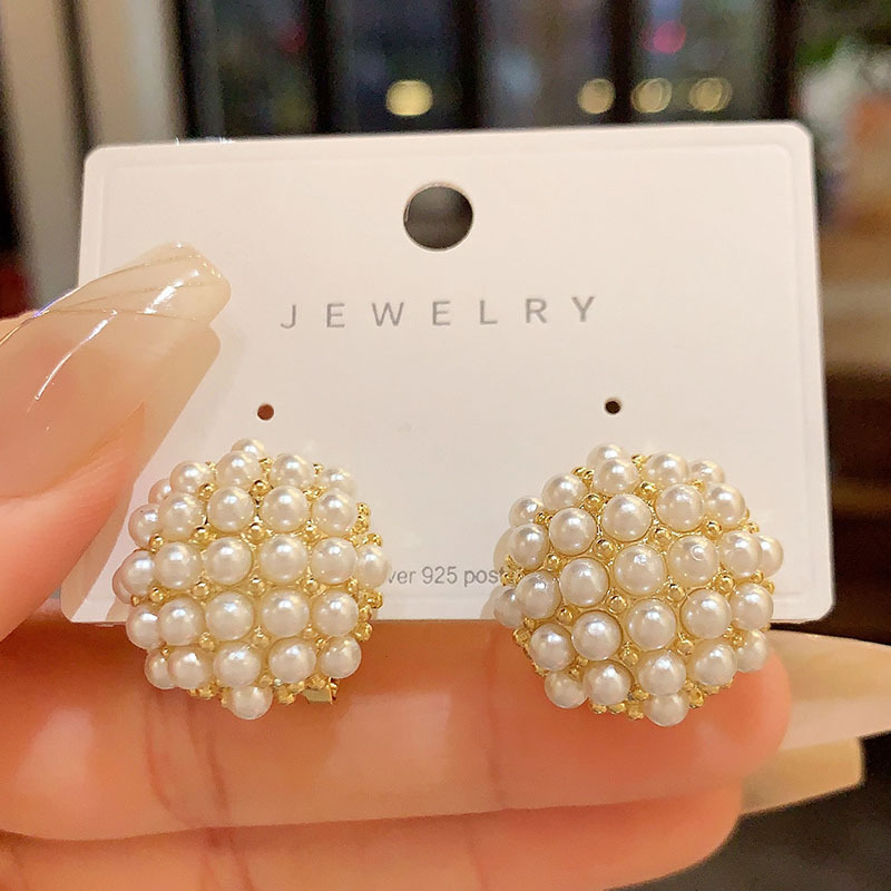 铜合金亚克力耳饰 复古优雅几何圆形珍珠耳环女小众轻奢网红银针