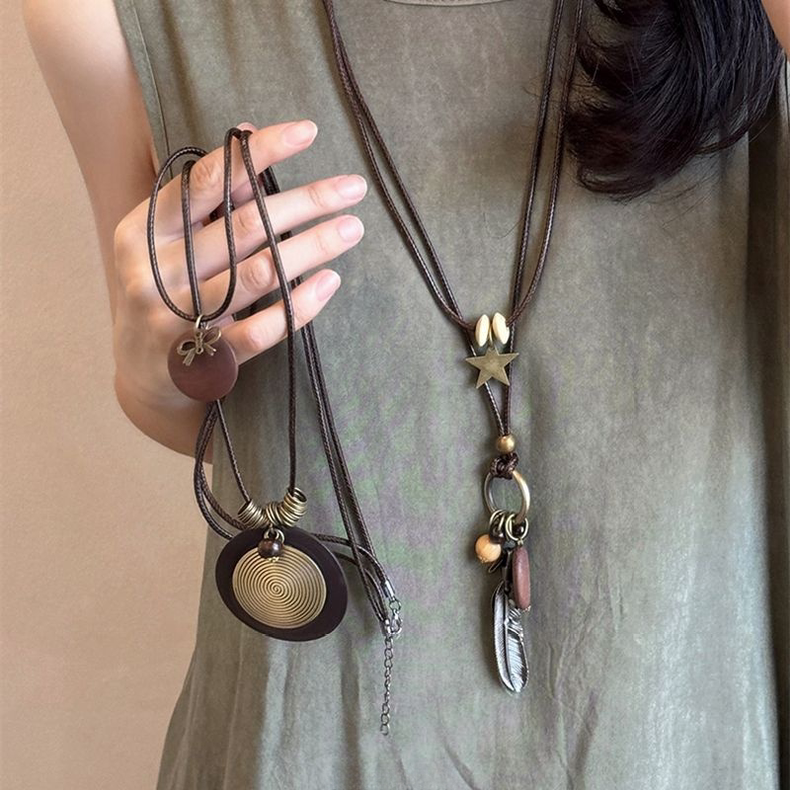 非金属布艺项链 新中式禅意长款羽毛项链复古民族风叠戴毛衣链C62