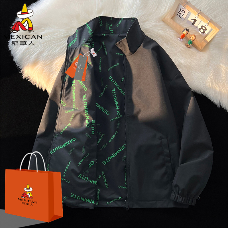 Mexican/稻草人春秋季双面穿韩版宽松休闲男外套立领开衫男士夹克