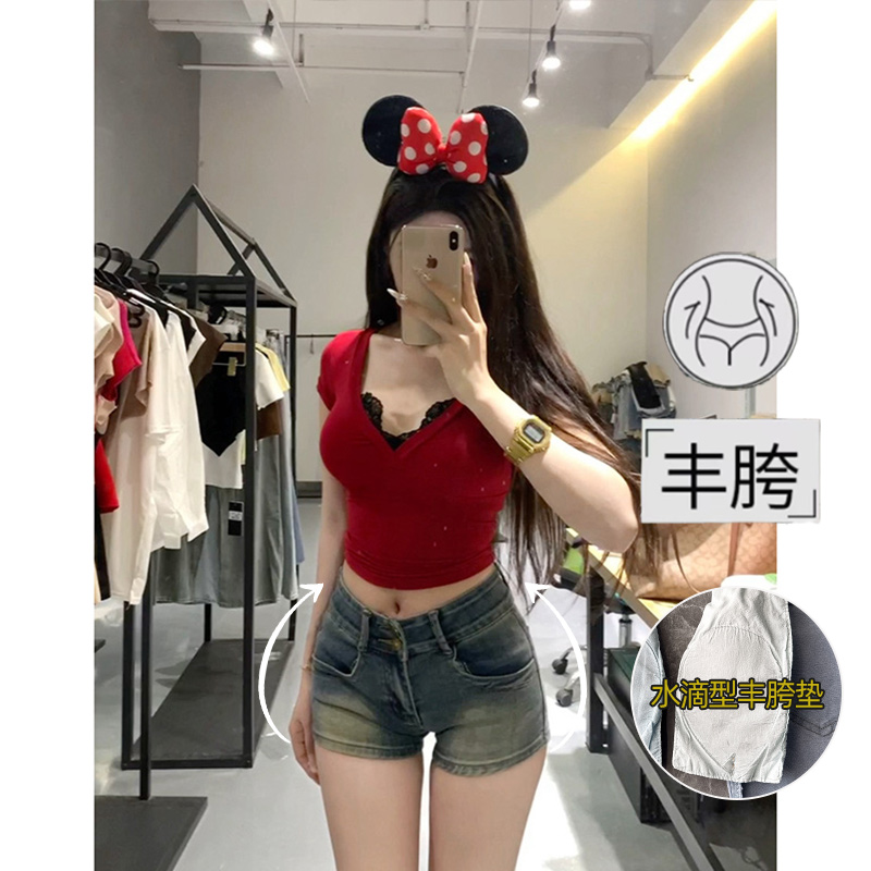 蓝色低腰丰胯牛仔短裤女2025冬季新款显瘦弹力修身超短辣妹热裤