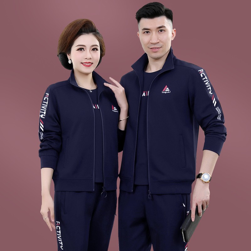 高档中老年爸妈情侣装春秋季休闲运动服套装男女中年爸爸装三件套