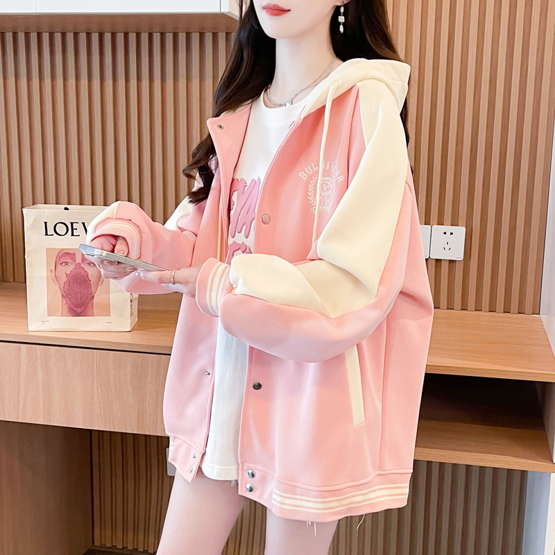春秋棒球服外套女初高中学生洋气胖mm百搭宽松连帽外套开衫夹克女