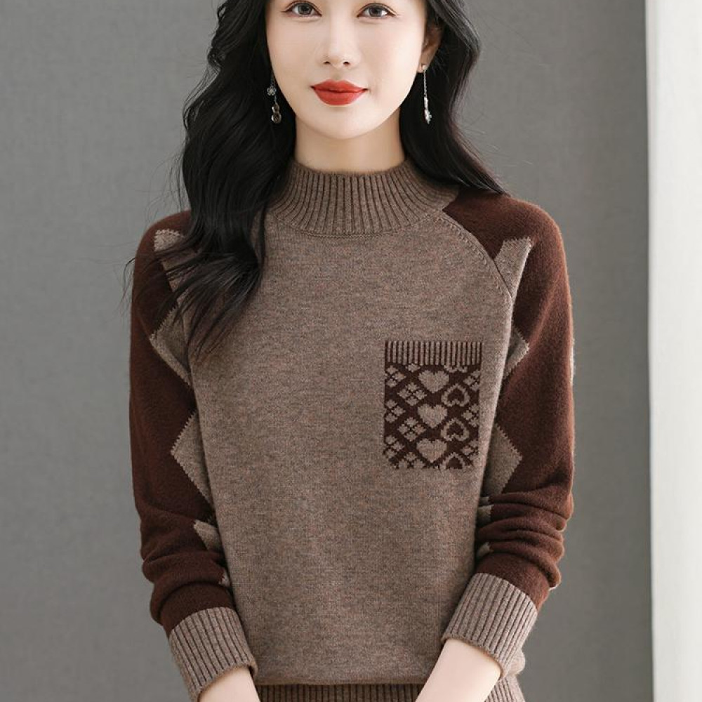 2024冬款加厚长袖高领拼接提花撞色时尚洋气套头宽松女毛衣上衣