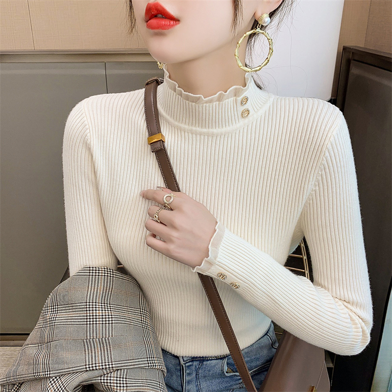 毛衣女2025新款针织亮丝荷叶领修身上衣秋冬装洋气百搭打底衫T868