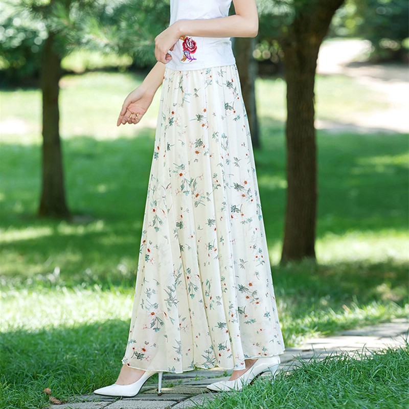 雪纺大摆长裙夏半身裙跳舞裙沙滩裙垂感百褶波裙西米亚A字花裙子