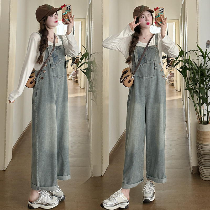 2025春季新款韩版休闲简约牛仔背带裤+棉T套装时尚外穿减龄宽松