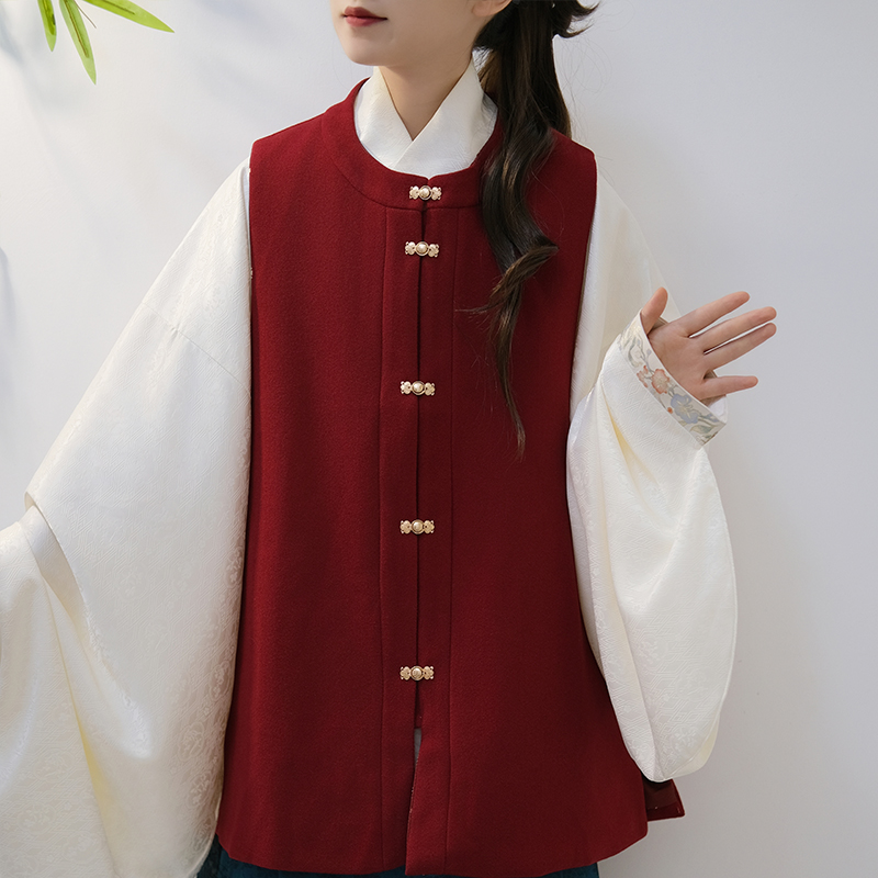 华序九章明制对襟圆领比甲百搭毛呢加口袋日常通勤红色汉服女秋冬