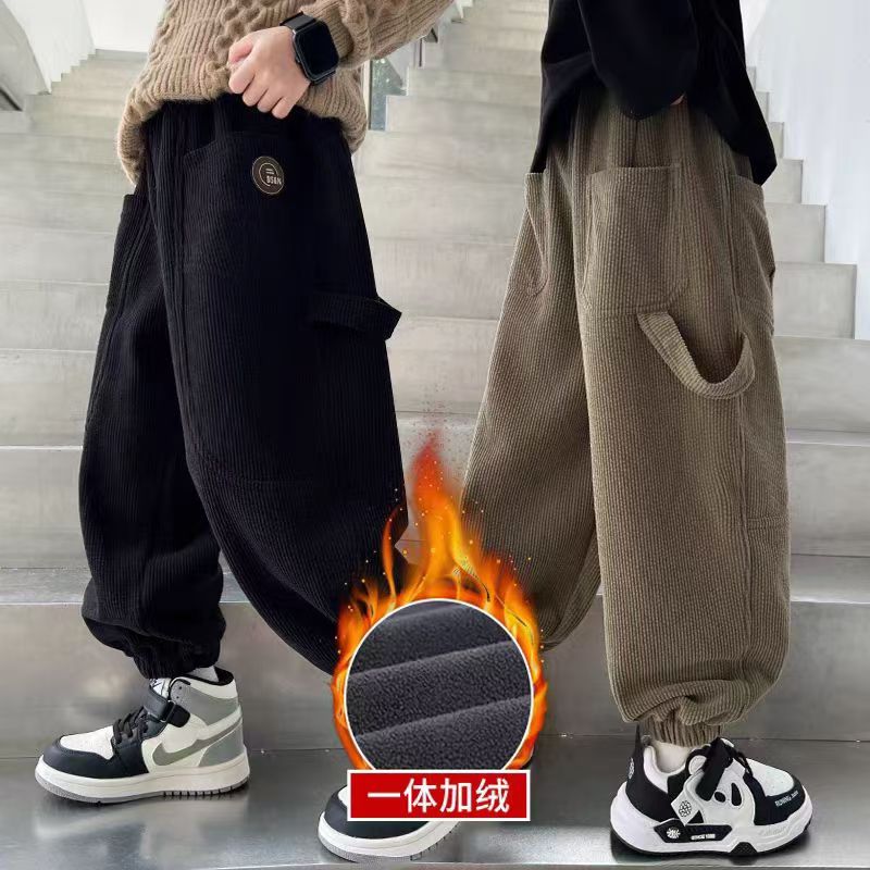 男童裤子秋冬款加绒裤子新款灯芯绒一体绒长裤男孩中大童运动长裤