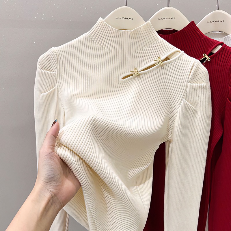 新中式镂空针织衫上衣女2025秋冬新款盘扣半高领打底衫内搭毛衣女