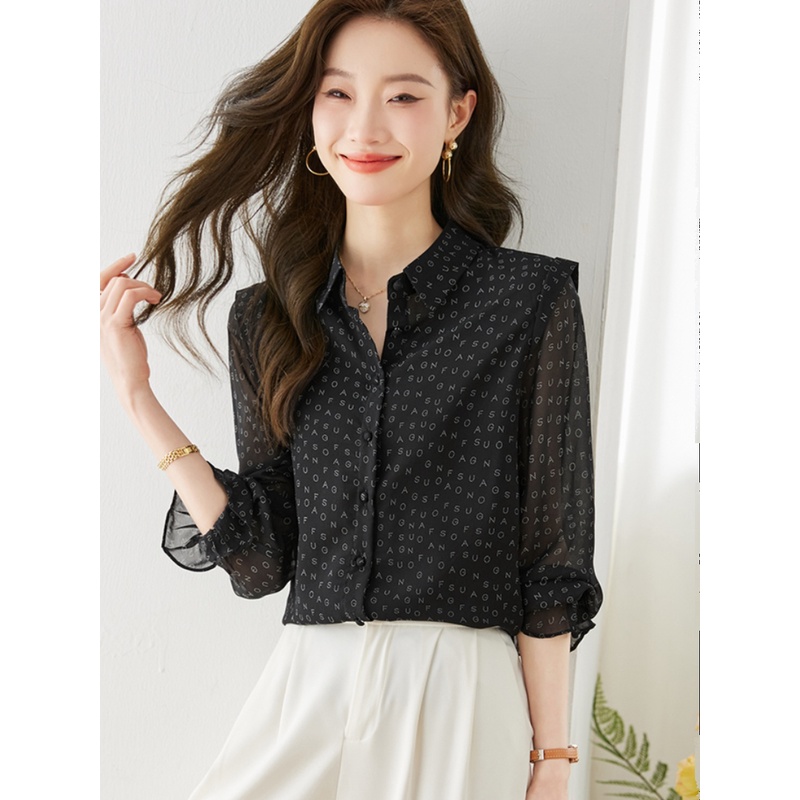 蔻菲图女装衬衣秋季雪纺法式黑色碎花小衫时尚气质长袖衬衣女复古