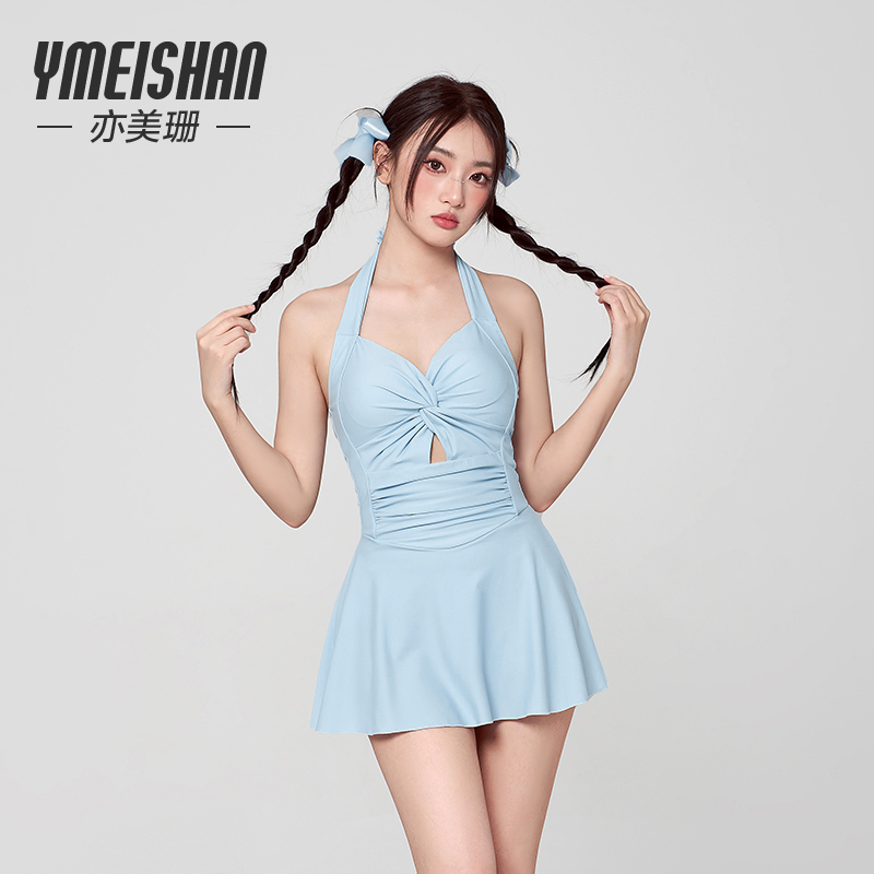 亦美珊时尚夏季度假网红款修身露背遮肚显瘦连体保守裙式女士泳衣