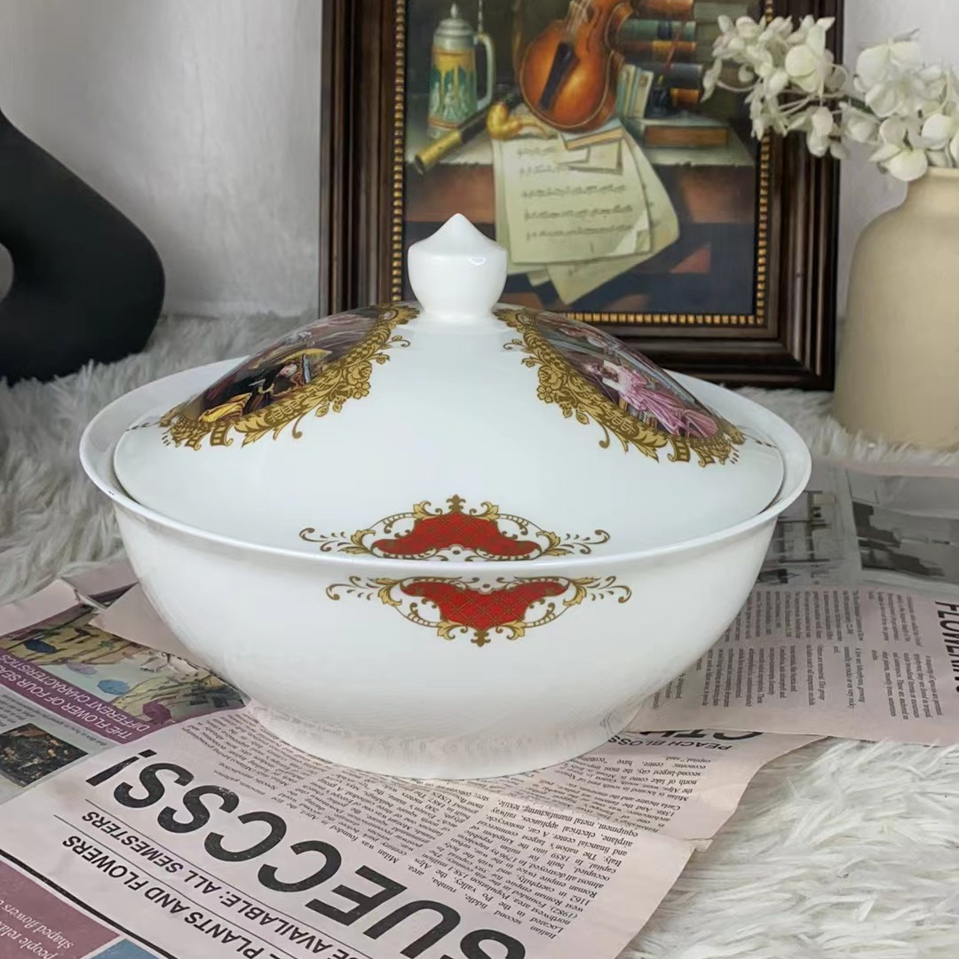 欧式骨瓷家用汤盆宫廷风手工描金陶瓷白瓷轻奢中式大汤碗大碗大号