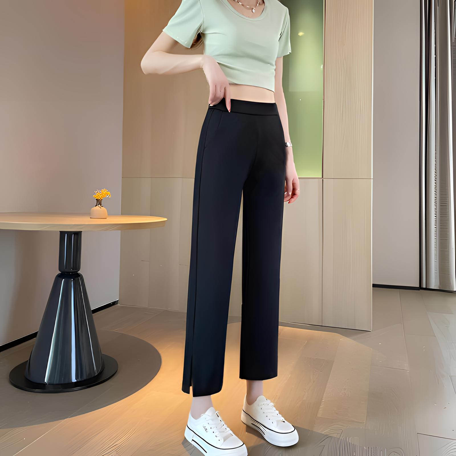黑色冰丝窄版直筒裤子女2025夏季薄款高腰显瘦开叉垂感九分休闲裤