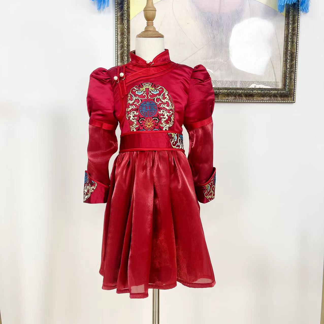 【善妈】重工红团纱 服装蒙古族女童春秋连衣长裙 儿童长袖红色拜年